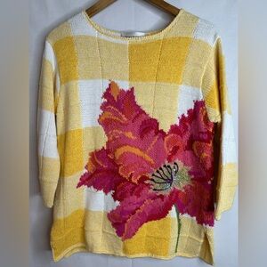 Susan Bristol Vintage 2001 Floral Knit Sweater in Yellow and Pink Size Small